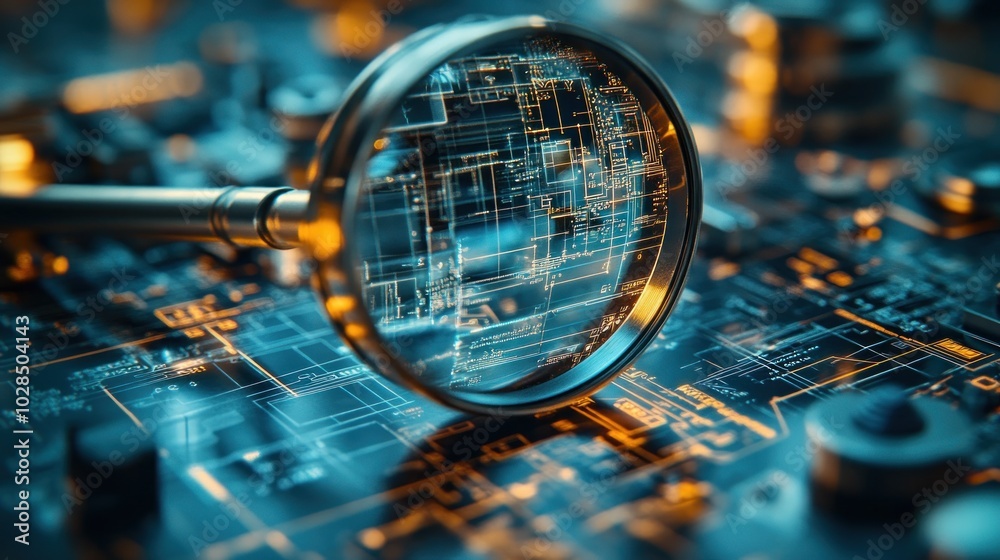Close-up of a magnifying glass over a circuit board design. Close-up of a magnifying glass over a circuit board design.