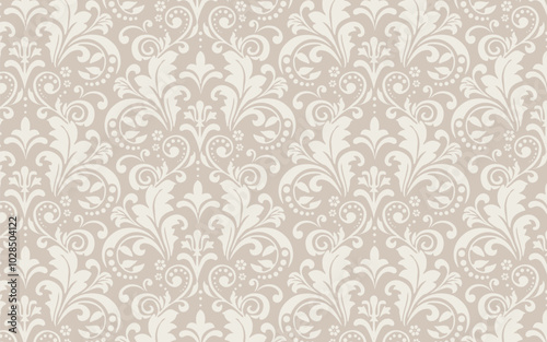 Damask pattern seamless, damask wallpaper in baroque style for textile fabric, wallpaper, packaging. Floral background vector beige, white and black