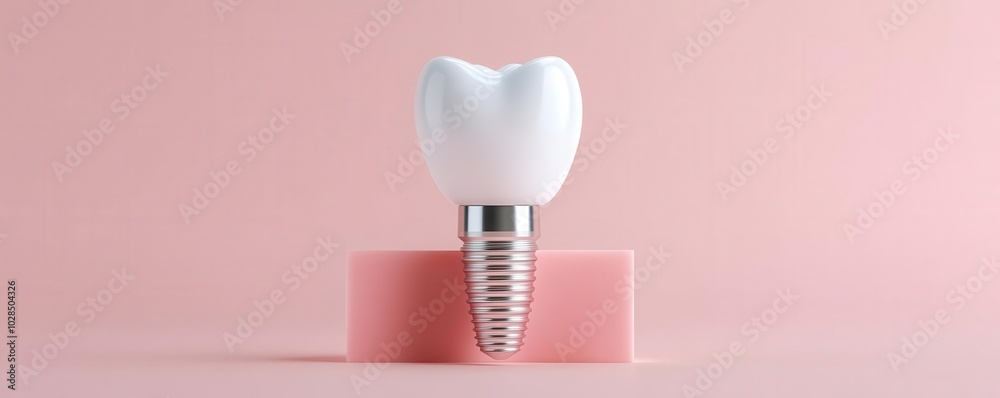 Dental implant standing out against pink gumline, soft pink glow, oral health, fusion of dental technology and beauty Dental implant standing out against pink gumline, soft pink glow, oral health, fusion of dental technology and beauty
