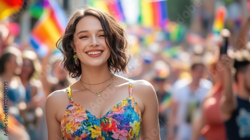 A transgender woman radiates joy while celebrating at a bustling LGBTQ pride festival, surrounded by colorful flags and enthusiastic participants