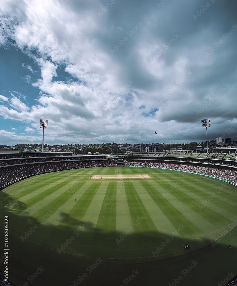 Naklejka premium Scenic Cricket Stadium with Cloudy Sky and Grandstand