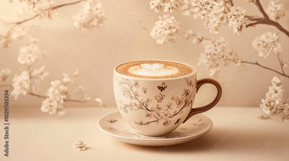 Fototapeta premium A classic flat white with intricate foam art, served in a ceramic cup, isolated on a warm beige background with delicate floral motifs