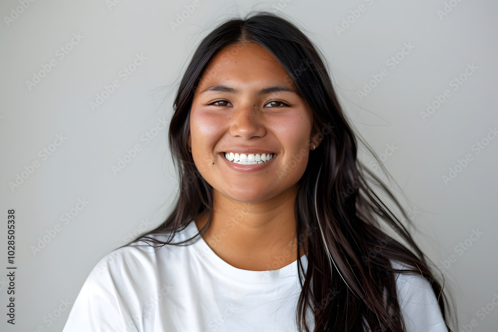 Portrait of native American smiling woman wearing white t-shirt isolated on white background Portrait of native American smiling woman wearing white t-shirt isolated on white background