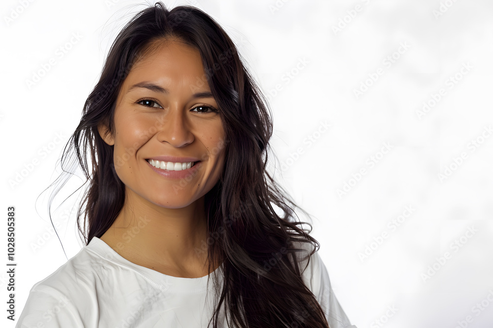 Portrait of native American smiling woman wearing white t-shirt isolated on white background Portrait of native American smiling woman wearing white t-shirt isolated on white background