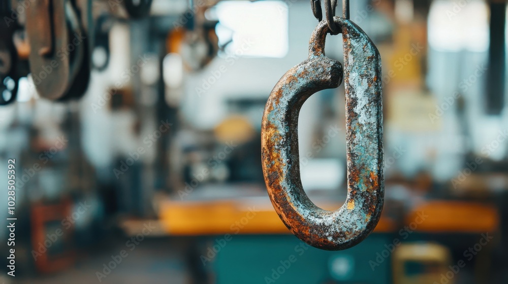 A close-up of a rusty metal hook in an industrial workshop setting. A close-up of a rusty metal hook in an industrial workshop setting.