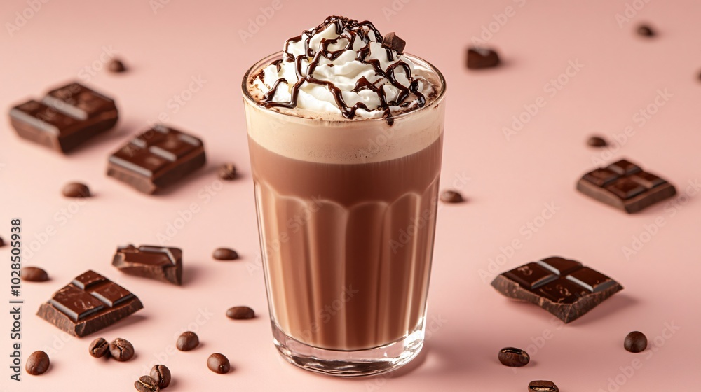 A decadent mocha with whipped cream and a drizzle of chocolate syrup, served in a tall glass, isolated on a soft pink background with cocoa bean motifs A decadent mocha with whipped cream and a drizzle of chocolate syrup, served in a tall glass, isolated on a soft pink background with cocoa bean motifs