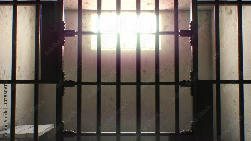 A prison cell with minimal furnishings, representing a long sentence served after a court ruling. The concept highlights the harsh reality of incarceration.