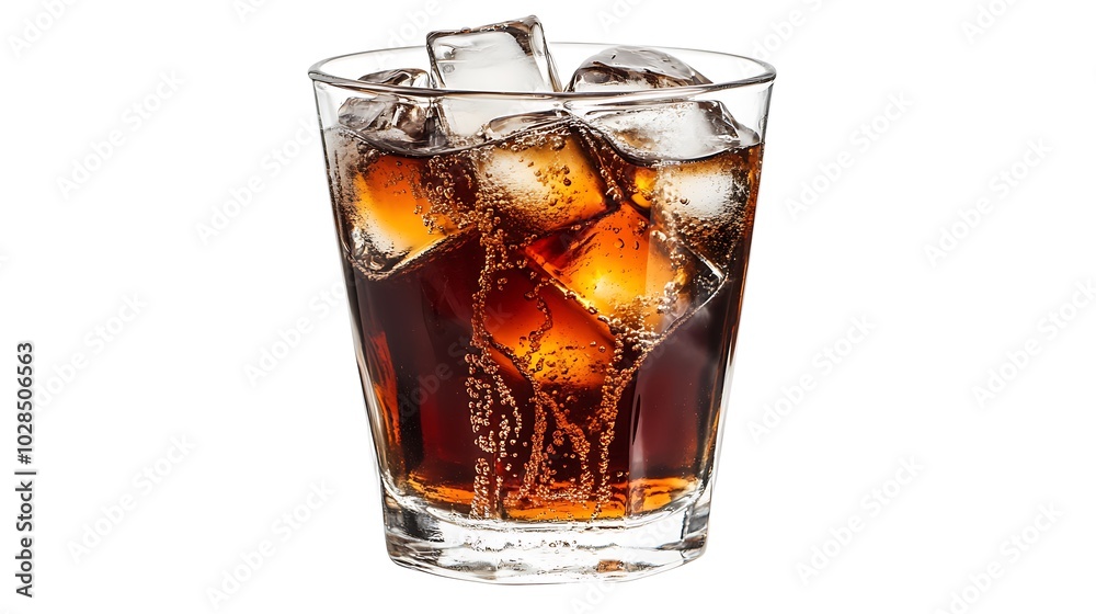 A refreshing glass of fizzy soda with ice cubes, condensation running down the sides against a clean white background, perfect for a summer drink concept. A refreshing glass of fizzy soda with ice cubes, condensation running down the sides against a clean white background, perfect for a summer drink concept.