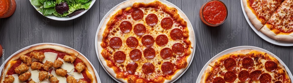 A delicious pizza party meal showcasing a variety of pepperoni pizzas on a beautifully set table A delicious pizza party meal showcasing a variety of pepperoni pizzas on a beautifully set table