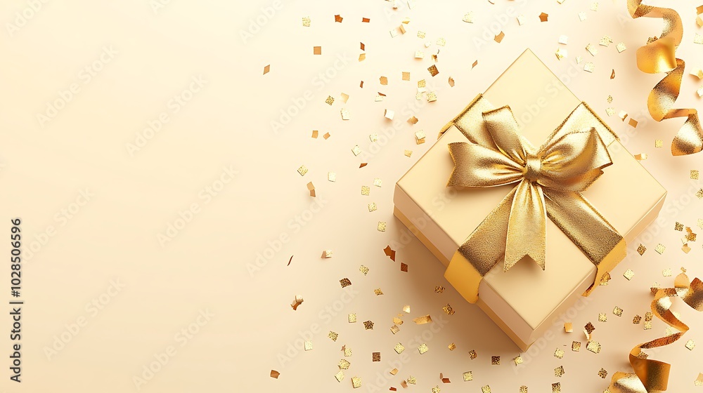 Festive surprise gift box with shimmering golden wrapping and a luxurious bow, placed elegantly on a soft pastel beige background adorned with playful serpentine and colorful confetti Festive surprise gift box with shimmering golden wrapping and a luxurious bow, placed elegantly on a soft pastel beige background adorned with playful serpentine and colorful confetti