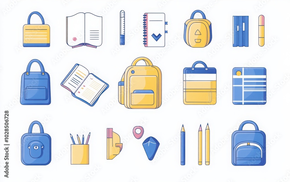 A vibrant vector icon set of school backpacks, prominently featuring a yellow shoulder bag designed for students A vibrant vector icon set of school backpacks, prominently featuring a yellow shoulder bag designed for students