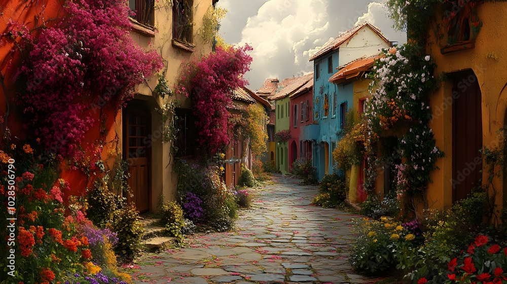 Fototapeta premium 125. A deserted village street with colorful houses and blooming flowers