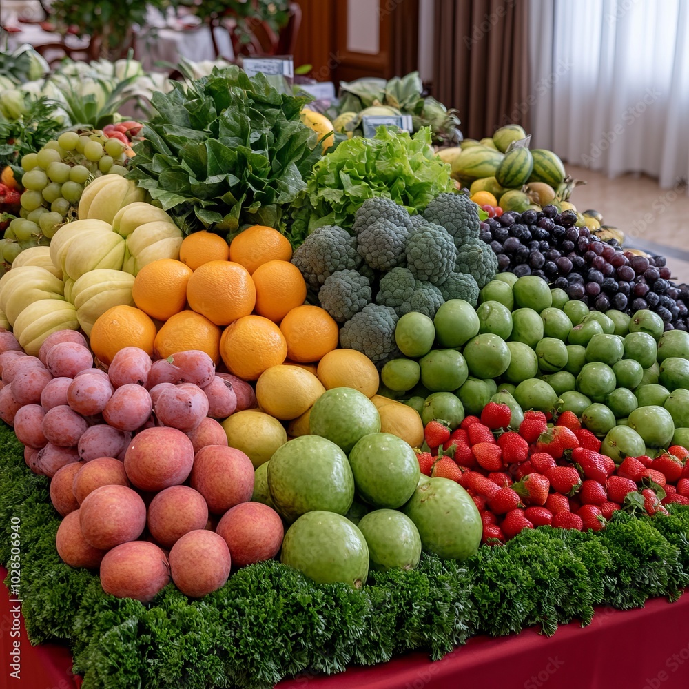 A vibrant display of assorted fruits and vegetables arranged artistically. A vibrant display of assorted fruits and vegetables arranged artistically.