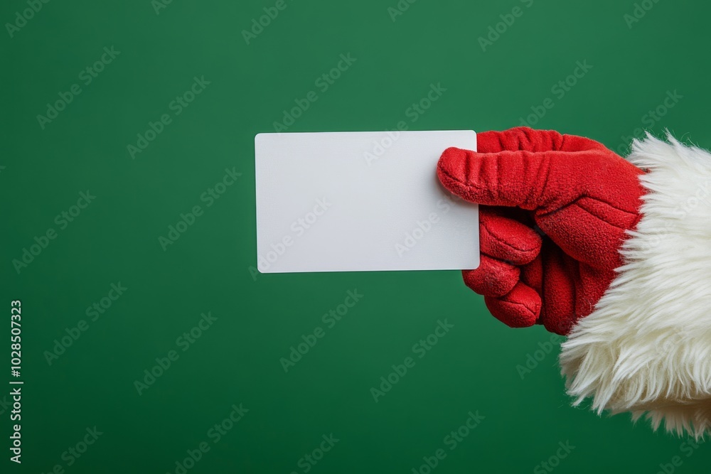 © Marina Demidiuk - Santa Claus Hand Holding White Credit Card Isolated On Dark Green Emerald Background. Close Up. Christmas Gifts Buying. White Gloved Hand with Plastic Gift Card MockUp. Advertisement gesture.