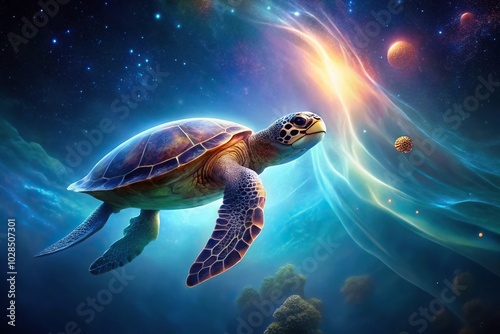 Glowing turtle navigating space with mystical jellyfish from a worm's eye view photo