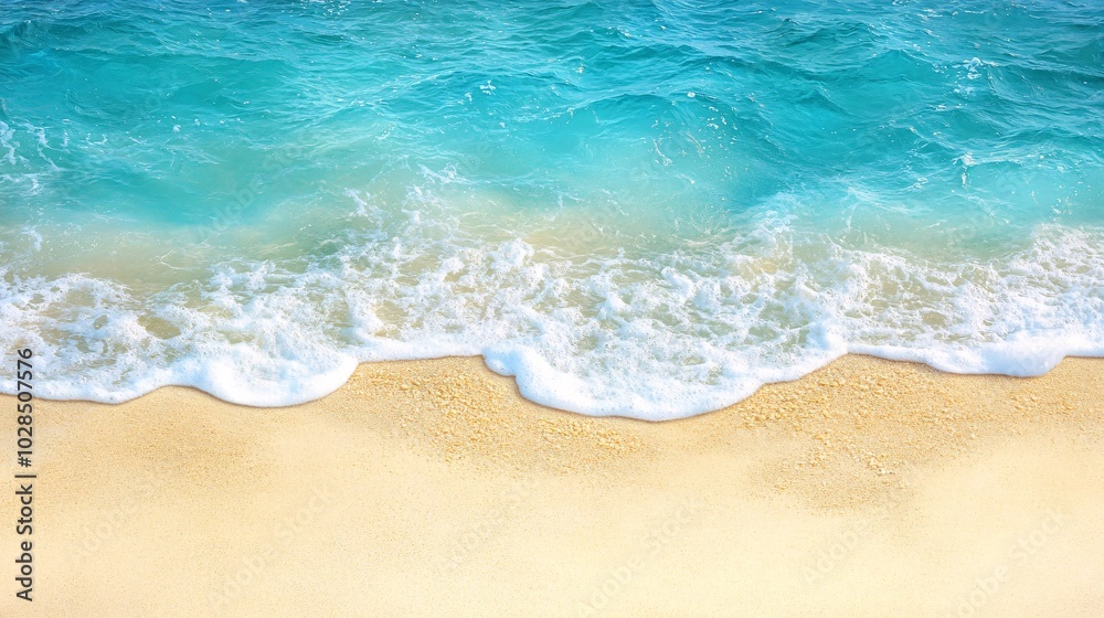 2410_083.a tranquil summer beach scene seen from above, showing the smooth transition of a gentle wave as it reaches the sand the turquoise sea contrasts with the warm, untouched sand, with soft 2410_083.a tranquil summer beach scene seen from above, showing the smooth transition of a gentle wave as it reaches the sand the turquoise sea contrasts with the warm, untouched sand, with soft