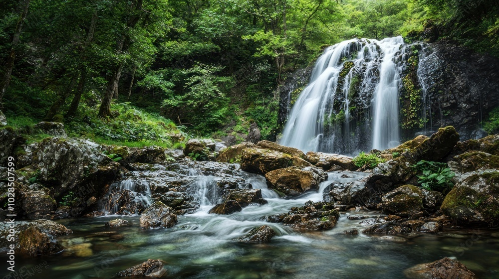 a beautiful waterfall cascading down rocks in a lush forest, symbolizing the beauty and power of nature a beautiful waterfall cascading down rocks in a lush forest, symbolizing the beauty and power of nature