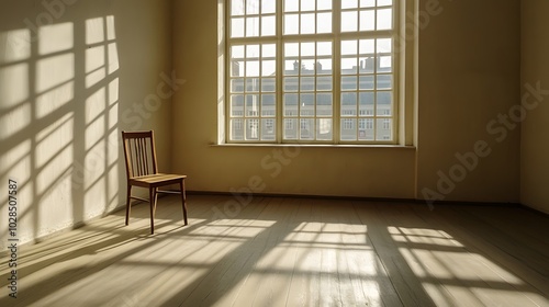 11. A single chair in an empty room with large windows, casting long shadows