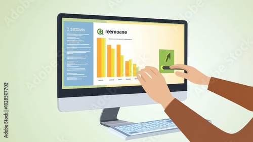 Hands interacting with a computer screen displaying graphical data and charts for analysis and presentation.