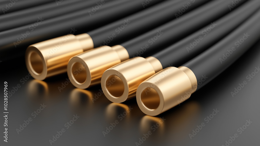 Fototapeta premium A row of sound cables black wires with gold ends