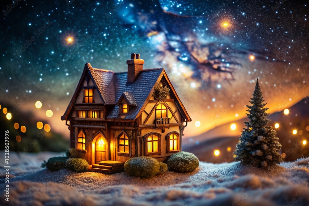 Fototapeta premium Night Photography of Miniature House Model with Lifelike Details, Illuminated by Soft Lights, Surrounded by a Dreamy Atmosphere, Perfect for Architectural Display and Model Enthusiasts