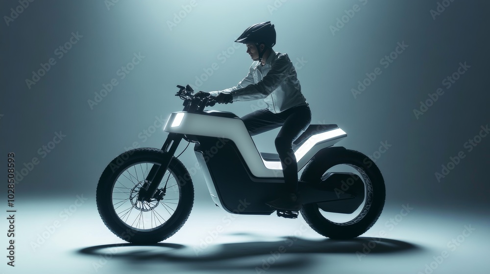A sleek electric motorcycle design with an urban rider in a modern setting, showcasing innovation and style. A sleek electric motorcycle design with an urban rider in a modern setting, showcasing innovation and style.