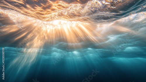 2410_060.ocean view from beneath the water, glowing sunlight shimmering through the surface, soft golden light beams breaking into the deep blue sea, a peaceful and calm underwater moment with gentle