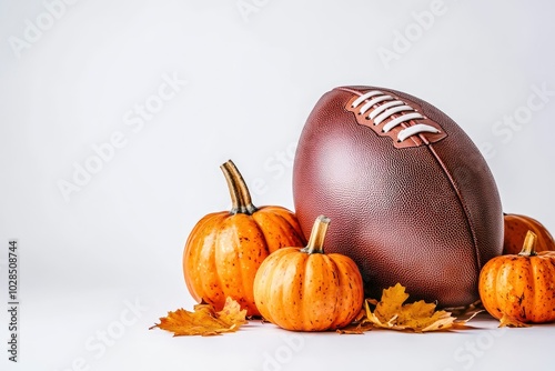 The ball for football with pumpkins on the white background. The picture is awesome for fall football game invitation card with generative ai