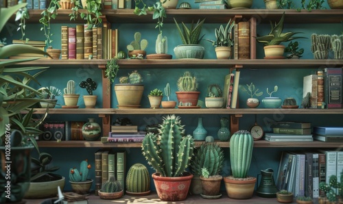 Potted cactus on the bookshelf, 4K hyperrealistic photo