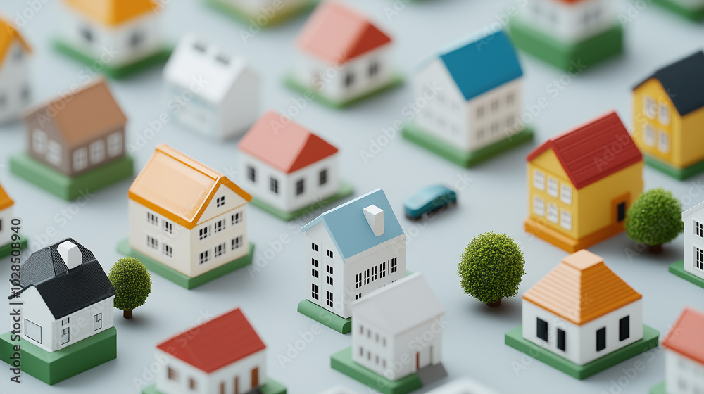 A row of houses with a car in the middle