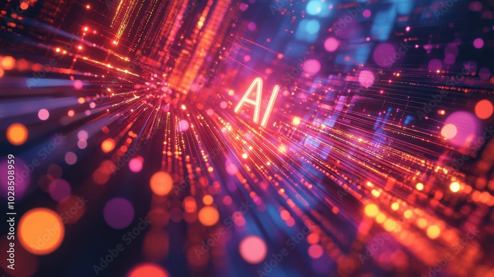 Fototapeta premium AI word in electronic stream of data and colorful light spread copyspace banner background