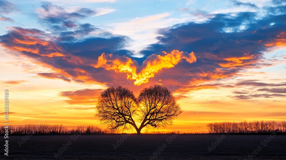 Fototapeta premium A stunning stock photo capturing the picturesque silhouette of a heartshaped tree against a breathtaking sunset backdrop, creating a romantic and serene atmosphere.