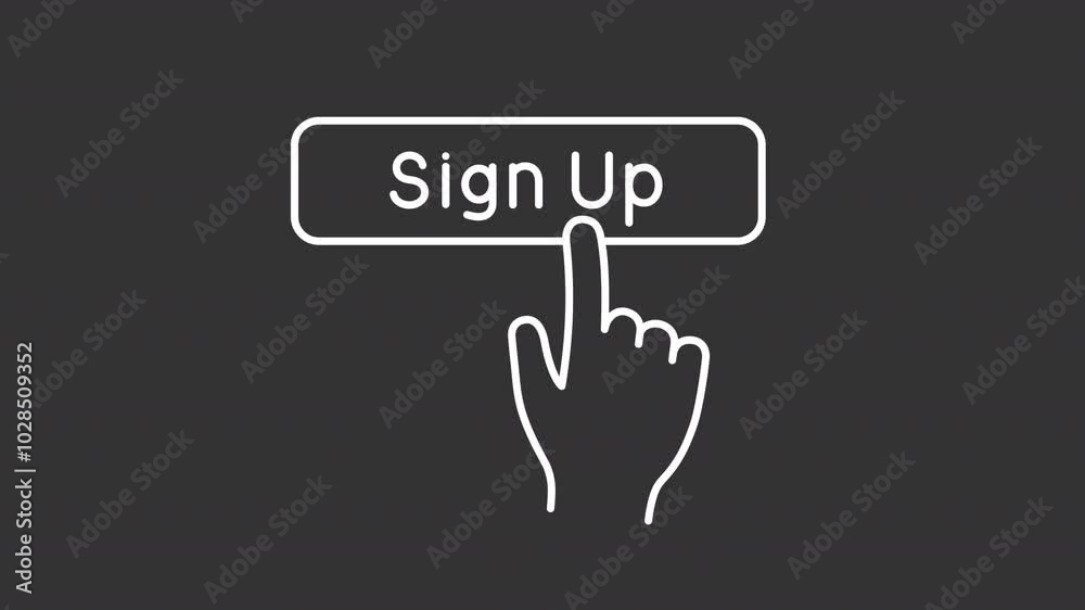 Sign up button white line animation. Registration animated icon. Shaking finger, pressing. Internet interface. Isolated illustration on dark background. Transition alpha video. Motion graphic Sign up button white line animation. Registration animated icon. Shaking finger, pressing. Internet interface. Isolated illustration on dark background. Transition alpha video. Motion graphic