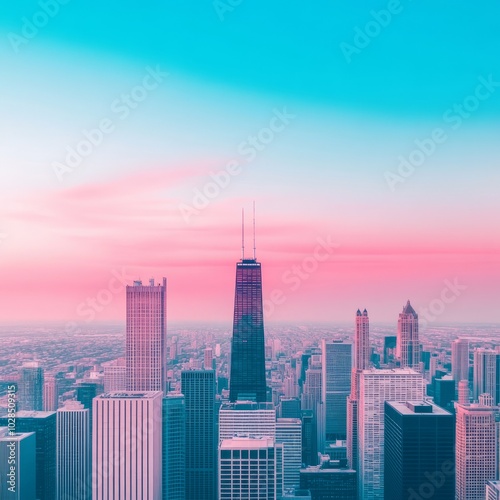 A vibrant skyline view of a city at sunset with colorful hues.