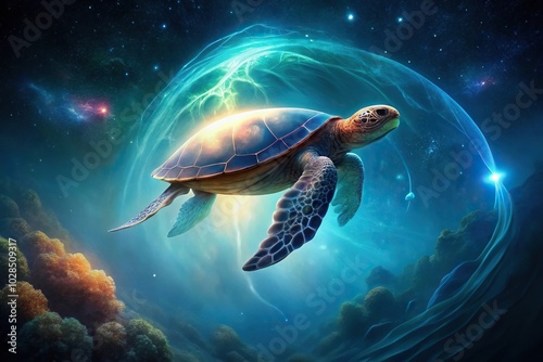 Glowing turtle navigating space with mystical jellyfish from a low angle perspective photo