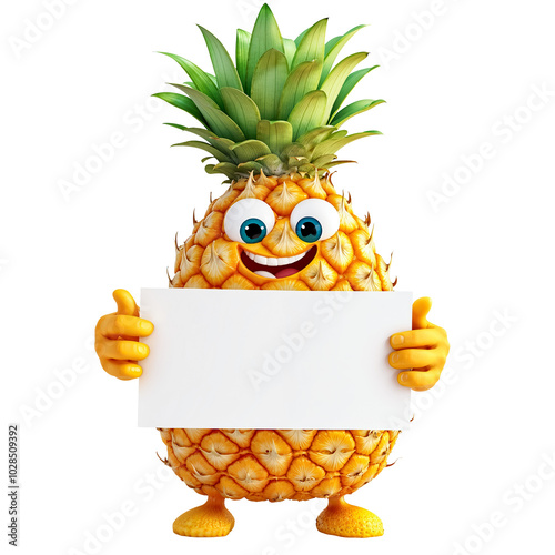 personnage d'ananas souriant, debout, qui tient une pancarte blanche vierge avec ses mains - fond transparent photo