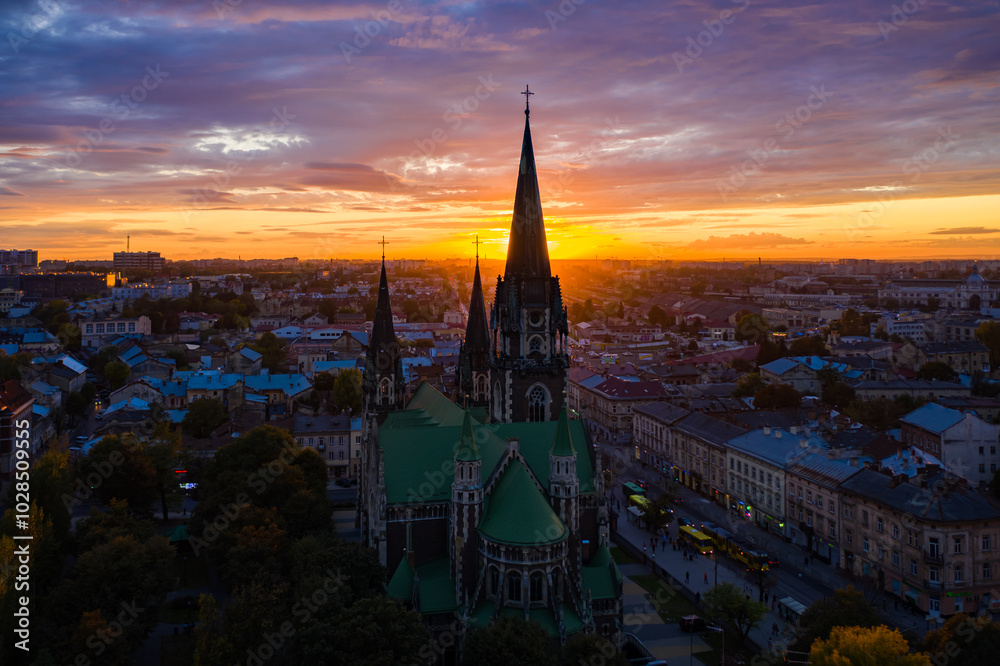 Obraz premium Aerial veiw on Elizabeth church in Lviv, Ukraine from drone.
