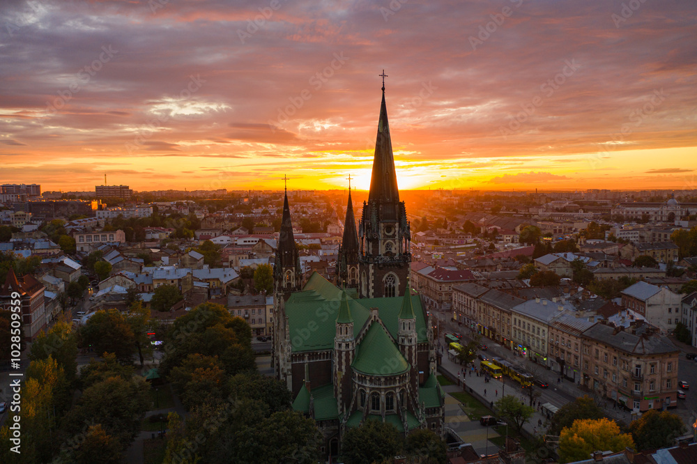 Fototapeta premium Aerial veiw on Elizabeth church in Lviv, Ukraine from drone.
