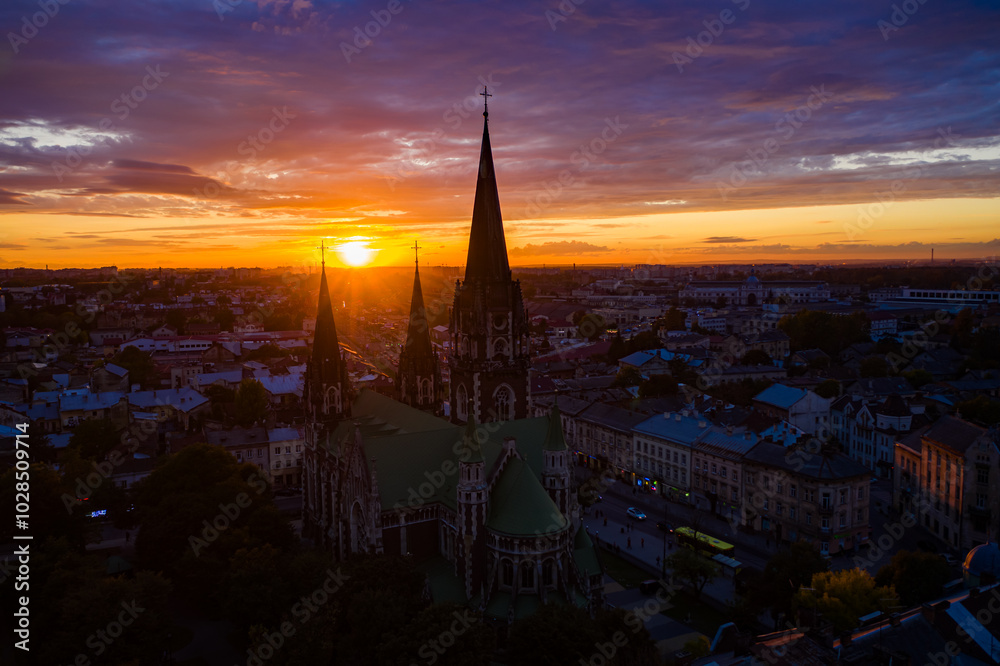 Obraz premium Aerial veiw on Elizabeth church in Lviv, Ukraine from drone.