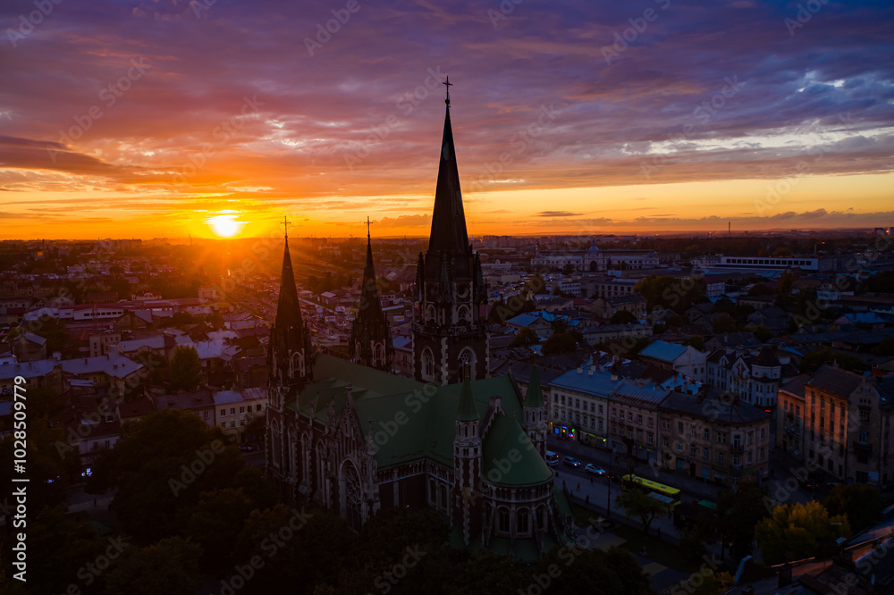 Fototapeta premium Aerial veiw on Elizabeth church in Lviv, Ukraine from drone.