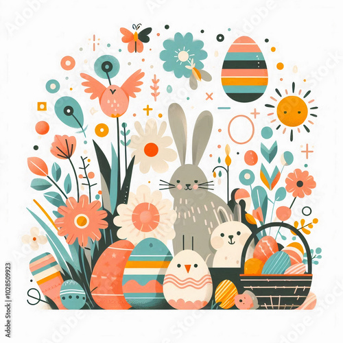 A charming illustration of an Easter bunny with decorated eggs and spring flowers, evoking a joyful Easter celebration