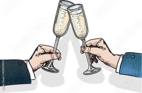 Clinking cheers glasses champagne graphic vector illustration. Chin chin party with two champagne glasses