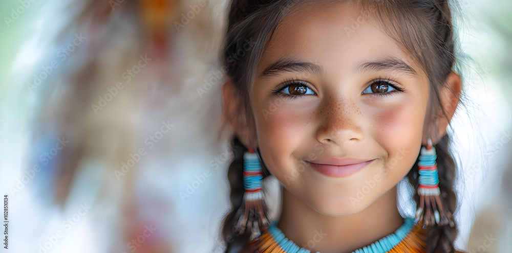 Portrait of smiling girl wearing native American traditional Indian jewelry and clothes isolated on white background Portrait of smiling girl wearing native American traditional Indian jewelry and clothes isolated on white background