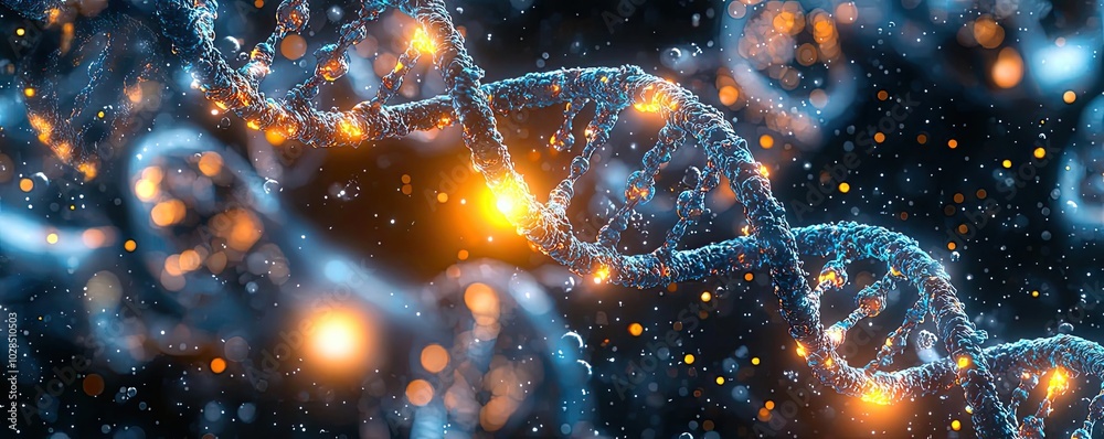 Stunning close-up of DNA strands illuminated with vibrant colors, showcasing the beauty of genetics and molecular biology.