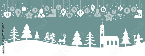Adventskalender mit Winterlandschaft - Weihnachtsdekor und Weihnachtskugeln mit Zahlen - Vektor Illustration - blau silber