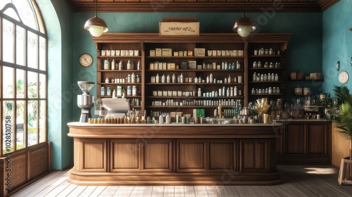A Vintage Apothecary Shop With Wooden Shelving and Counter
