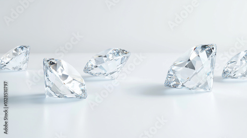 A row of diamonds are displayed on a white background photo