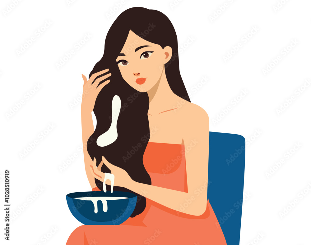 A young woman applies a mask to her hair. doing home spa procedure. Hair treatment. Healthy hair. Vector illustration.
