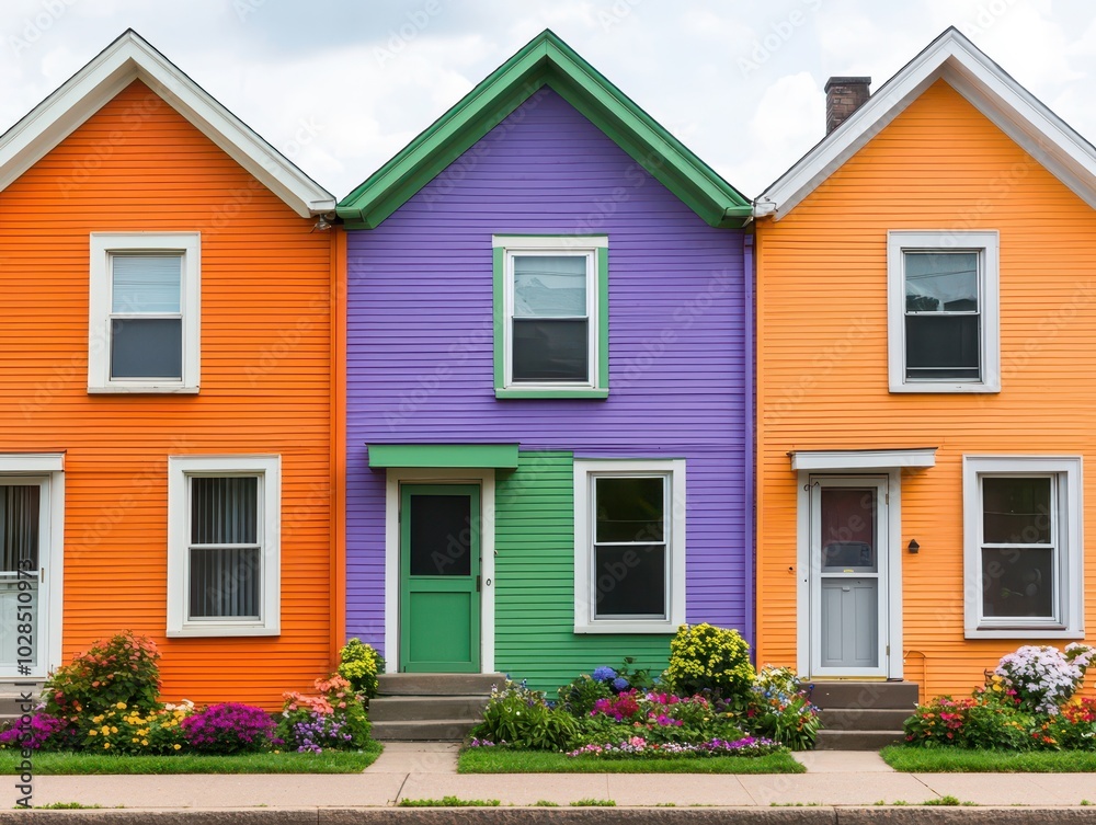 Obraz premium Charming row of vibrant houses in bright green and orange, showcasing a lively and colorful neighborhood.