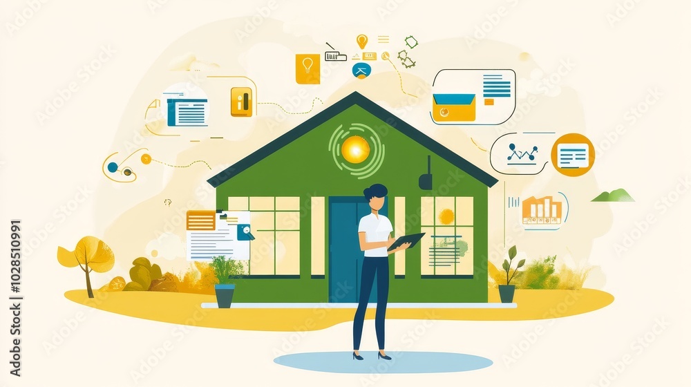 A person stands outside a green house, interacting with digital icons and data visuals representing home technology and automation.
